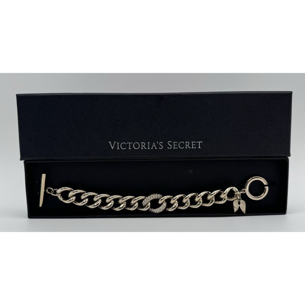 Victoria's Secret Bracelet Angel Wing Rhinestones Gold Tone Toggle Chain Link